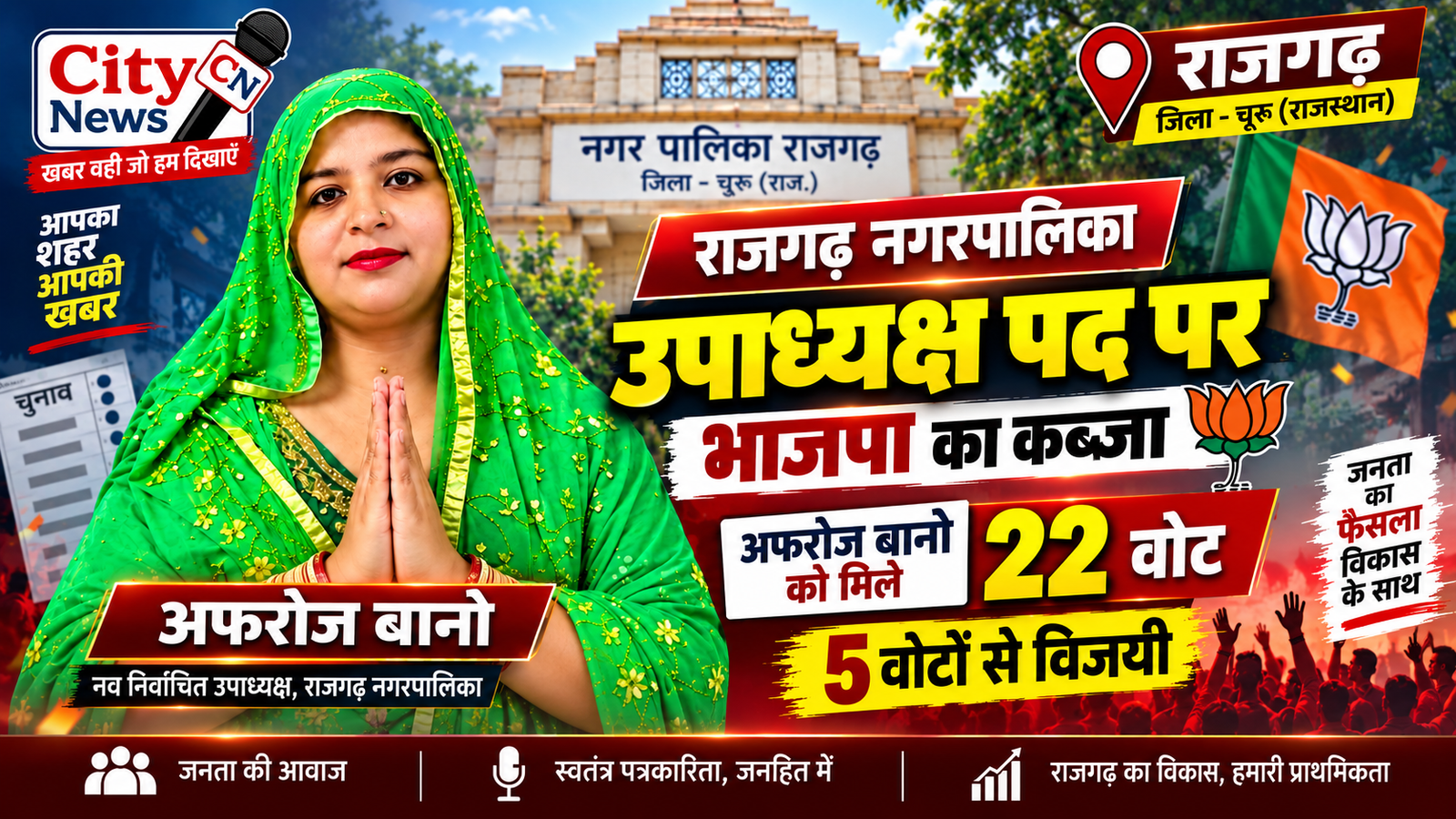 राजगढ़ नगरपालिका उपाध्यक्ष पद पर भाजपा का कब्जा, अफरोज बानो 22 वोटों से विजयी